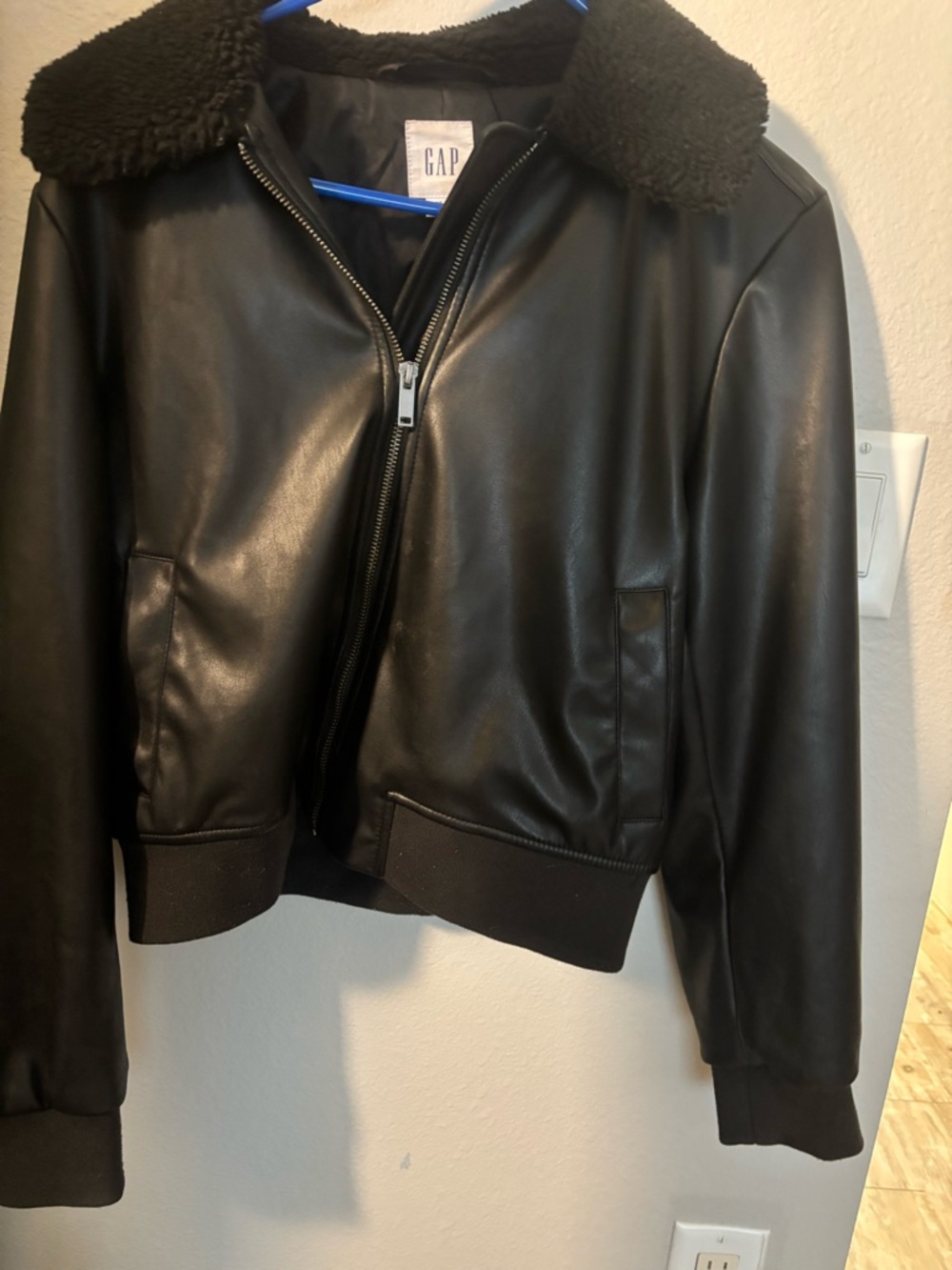 GAP Black Faux Leather Bomber with Black Sherpa Collar